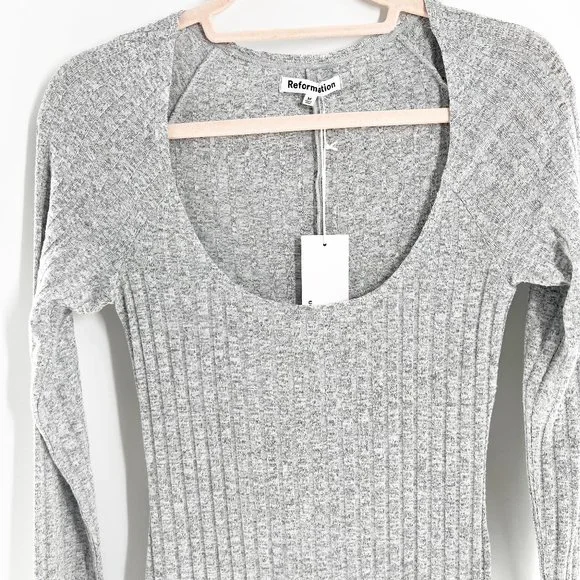 Reformation Lemon Grey Long sleeve Front Slit Round Neck Ribbed Dress  M NWT - Picture 7 of 12